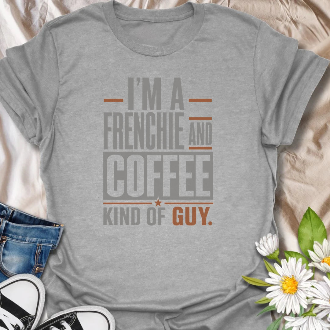 This Frenchie and coffee T-shirt is made for guys who start the day with caffeine and bulldog companionship. The strong typographic design offers an easy way to show two favorite things in one shirt. A fun gift for French Bulldog dads, coffee drinkers, and devoted Frenchie owners.