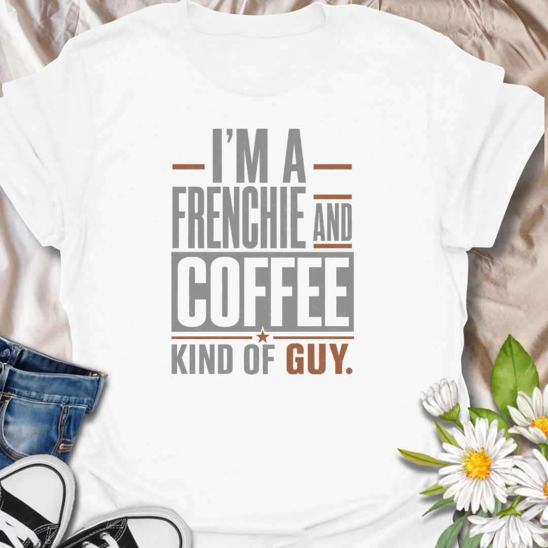 This Frenchie and coffee T-shirt is made for guys who start the day with caffeine and bulldog companionship. The strong typographic design offers an easy way to show two favorite things in one shirt. A fun gift for French Bulldog dads, coffee drinkers, and devoted Frenchie owners.