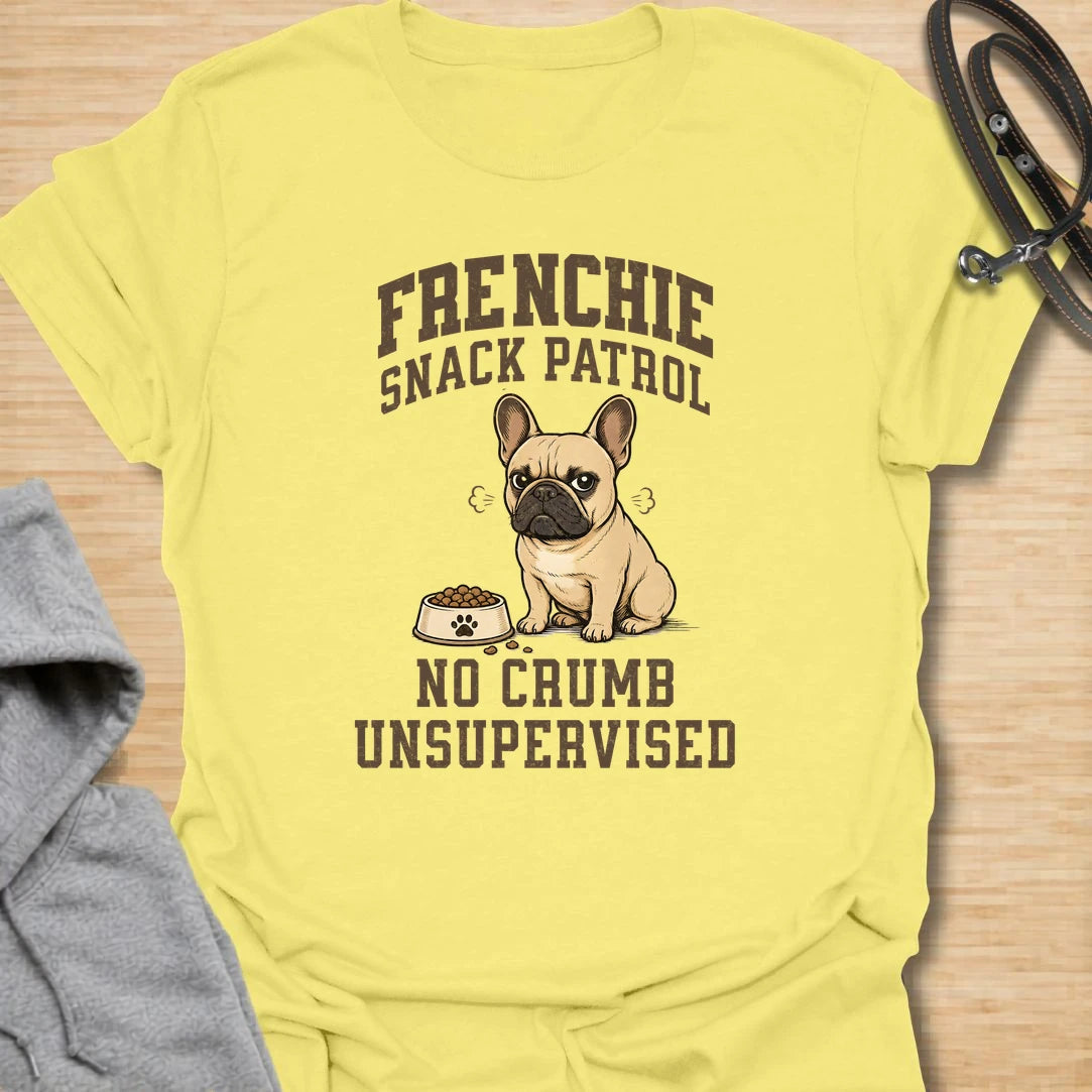 This Frenchie snack patrol t-shirt is a funny choice for anyone living with a food-obsessed French Bulldog. The grumpy Frenchie, full bowl, and bold varsity-style lettering make the design playful and easy to read. It is perfect for Frenchie moms, Frenchie dads, and dog lovers who know mealtime is taken very seriously. A great everyday shirt for casual wear, dog park visits, or gifting to someone whose French Bulldog monitors every crumb