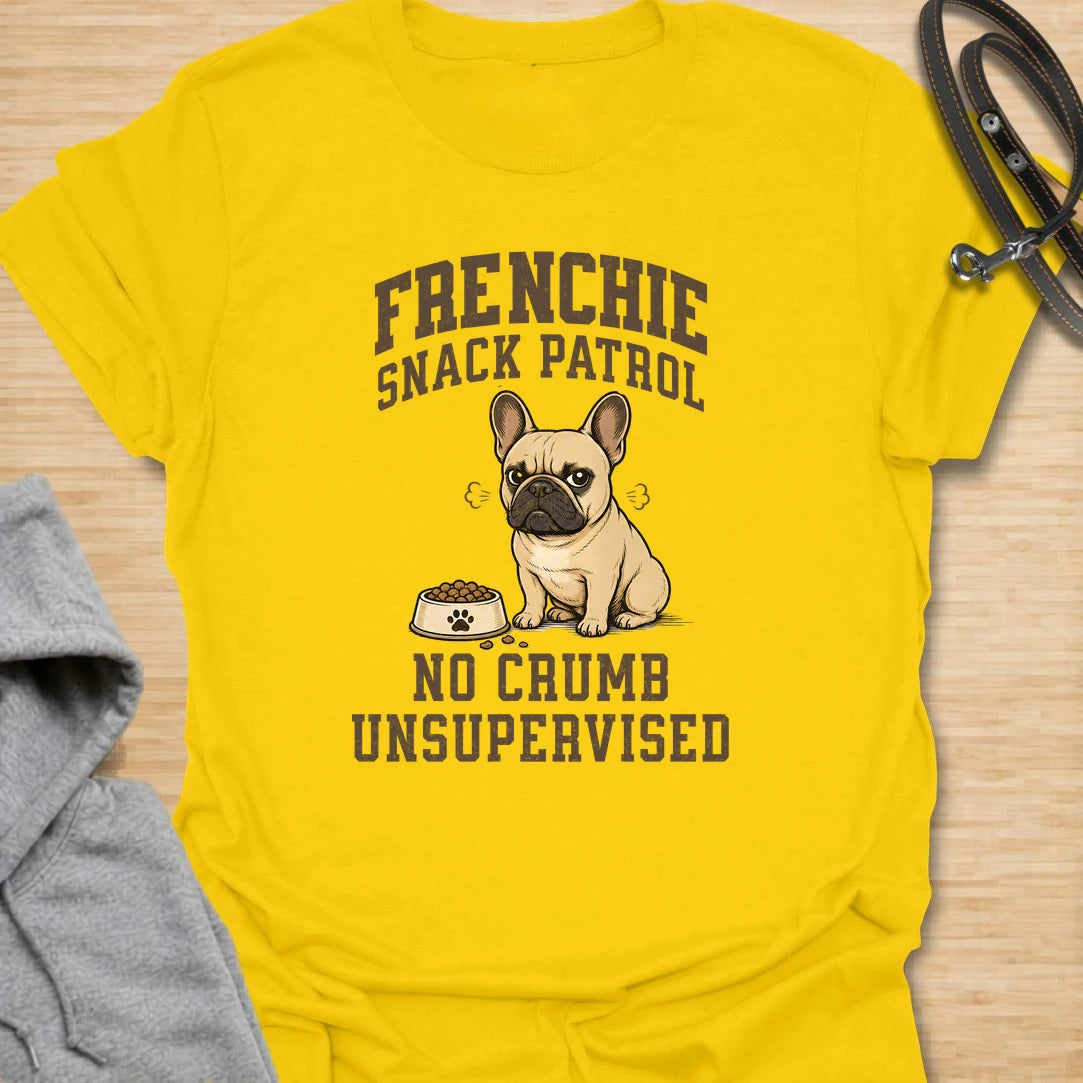 This Frenchie snack patrol t-shirt is a funny choice for anyone living with a food-obsessed French Bulldog. The grumpy Frenchie, full bowl, and bold varsity-style lettering make the design playful and easy to read. It is perfect for Frenchie moms, Frenchie dads, and dog lovers who know mealtime is taken very seriously. A great everyday shirt for casual wear, dog park visits, or gifting to someone whose French Bulldog monitors every crumb