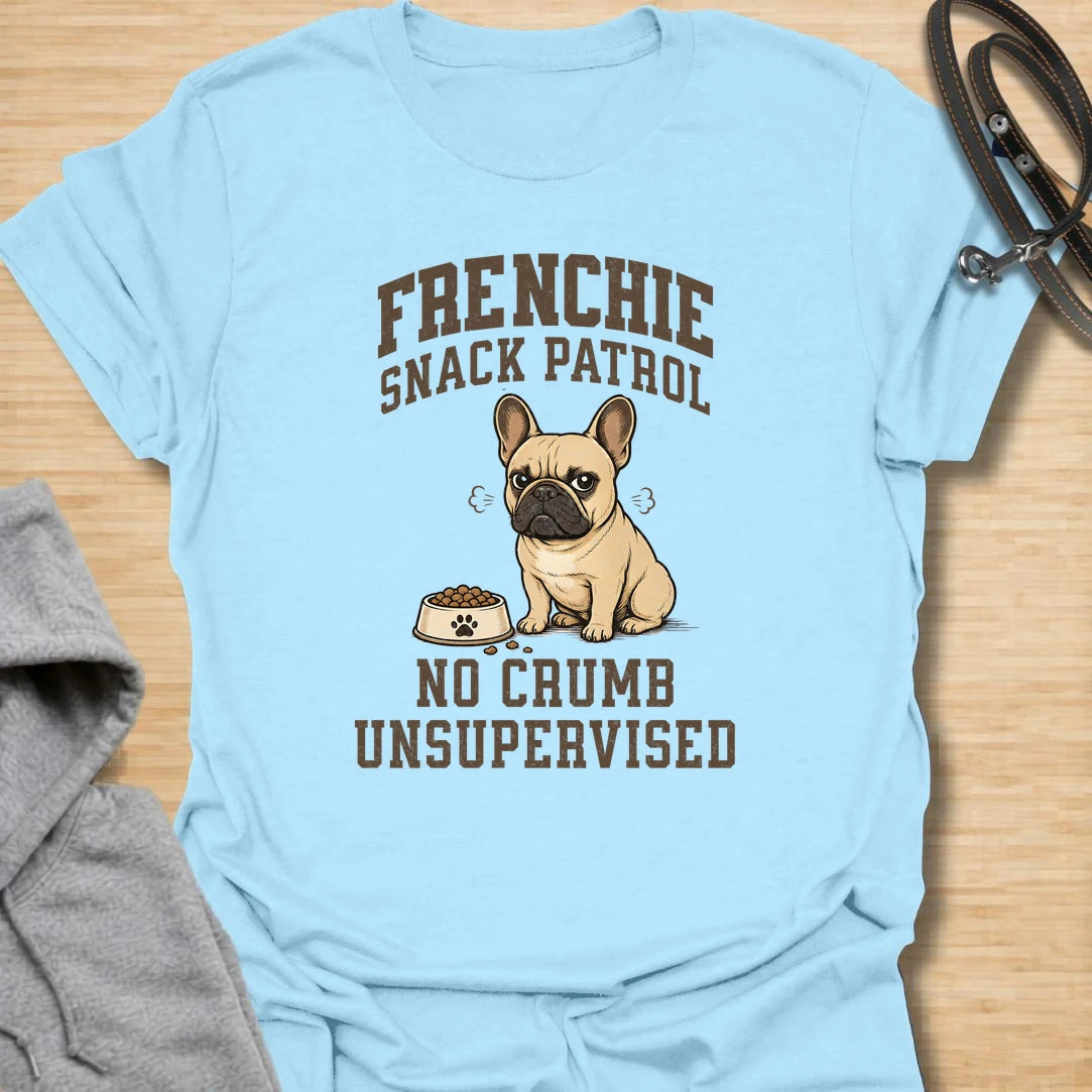 This Frenchie snack patrol t-shirt is a funny choice for anyone living with a food-obsessed French Bulldog. The grumpy Frenchie, full bowl, and bold varsity-style lettering make the design playful and easy to read. It is perfect for Frenchie moms, Frenchie dads, and dog lovers who know mealtime is taken very seriously. A great everyday shirt for casual wear, dog park visits, or gifting to someone whose French Bulldog monitors every crumb