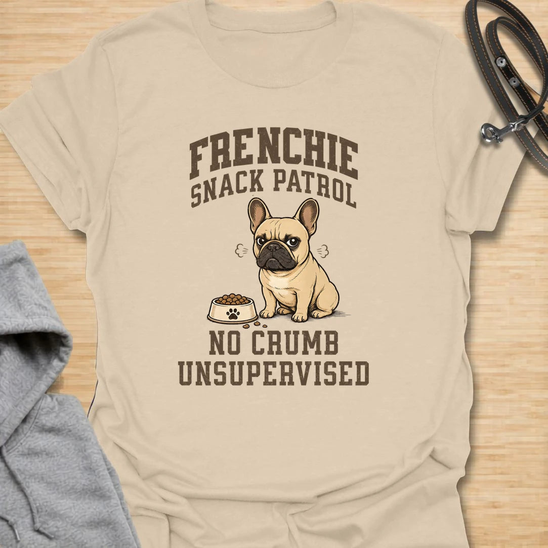 This Frenchie snack patrol t-shirt is a funny choice for anyone living with a food-obsessed French Bulldog. The grumpy Frenchie, full bowl, and bold varsity-style lettering make the design playful and easy to read. It is perfect for Frenchie moms, Frenchie dads, and dog lovers who know mealtime is taken very seriously. A great everyday shirt for casual wear, dog park visits, or gifting to someone whose French Bulldog monitors every crumb
