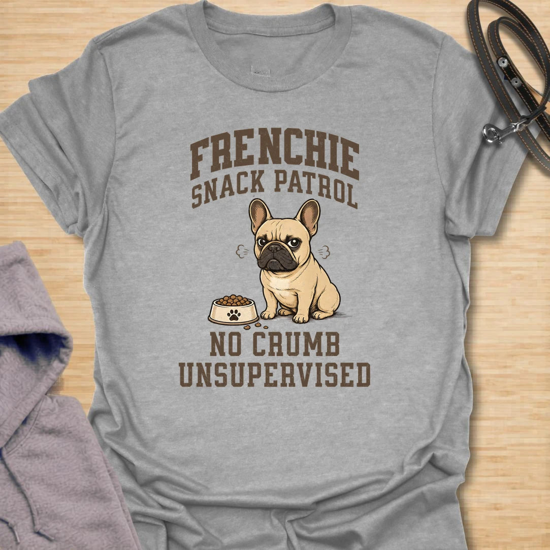 This Frenchie snack patrol t-shirt is a funny choice for anyone living with a food-obsessed French Bulldog. The grumpy Frenchie, full bowl, and bold varsity-style lettering make the design playful and easy to read. It is perfect for Frenchie moms, Frenchie dads, and dog lovers who know mealtime is taken very seriously. A great everyday shirt for casual wear, dog park visits, or gifting to someone whose French Bulldog monitors every crumb