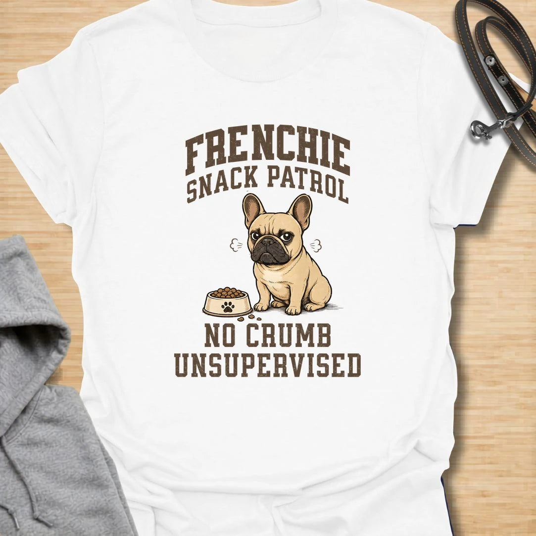 This Frenchie snack patrol t-shirt is a funny choice for anyone living with a food-obsessed French Bulldog. The grumpy Frenchie, full bowl, and bold varsity-style lettering make the design playful and easy to read. It is perfect for Frenchie moms, Frenchie dads, and dog lovers who know mealtime is taken very seriously. A great everyday shirt for casual wear, dog park visits, or gifting to someone whose French Bulldog monitors every crumb