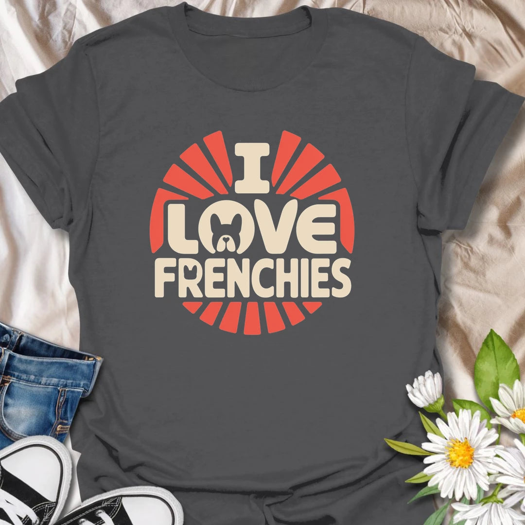 Show your love for French Bulldogs with this bright retro-inspired Frenchie T-shirt. The bold design celebrates the unforgettable ears, expressive faces, and lovable personalities of this popular breed. A fun gift for Frenchie moms, dads, and anyone who can never have enough bulldog affection.