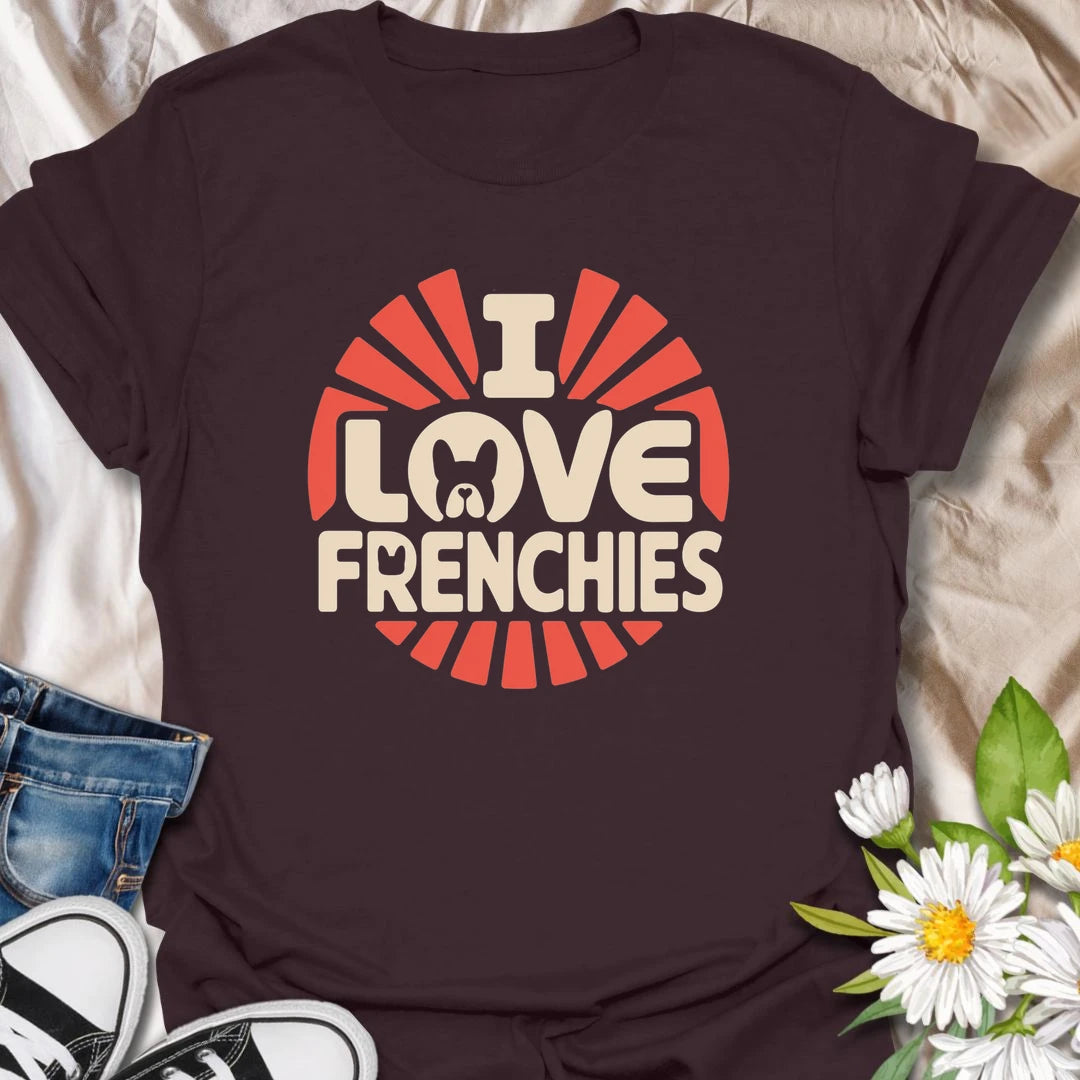 Show your love for French Bulldogs with this bright retro-inspired Frenchie T-shirt. The bold design celebrates the unforgettable ears, expressive faces, and lovable personalities of this popular breed. A fun gift for Frenchie moms, dads, and anyone who can never have enough bulldog affection.