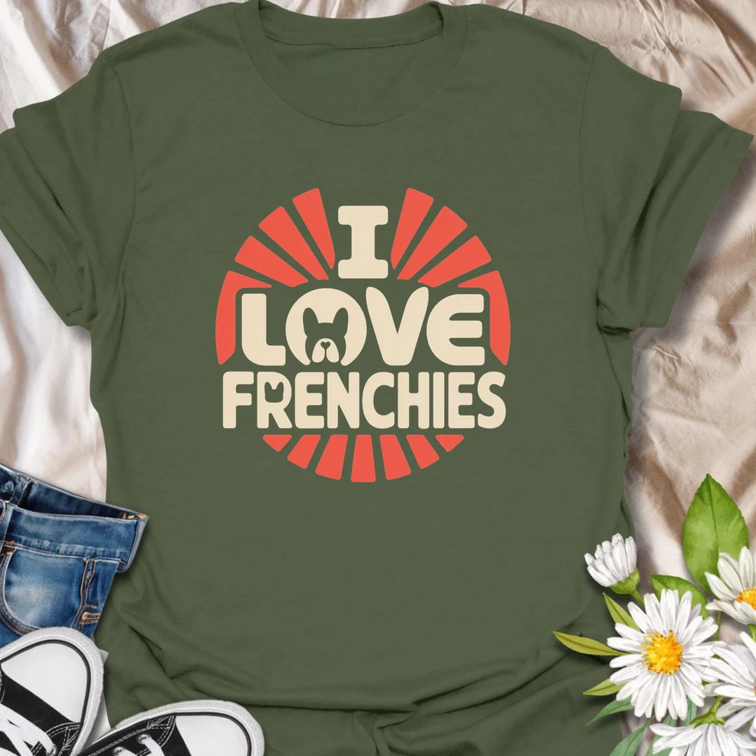Show your love for French Bulldogs with this bright retro-inspired Frenchie T-shirt. The bold design celebrates the unforgettable ears, expressive faces, and lovable personalities of this popular breed. A fun gift for Frenchie moms, dads, and anyone who can never have enough bulldog affection.