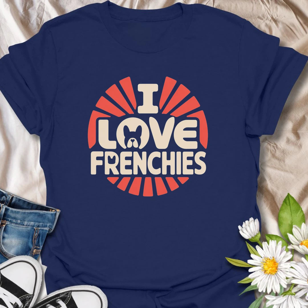 Show your love for French Bulldogs with this bright retro-inspired Frenchie T-shirt. The bold design celebrates the unforgettable ears, expressive faces, and lovable personalities of this popular breed. A fun gift for Frenchie moms, dads, and anyone who can never have enough bulldog affection.