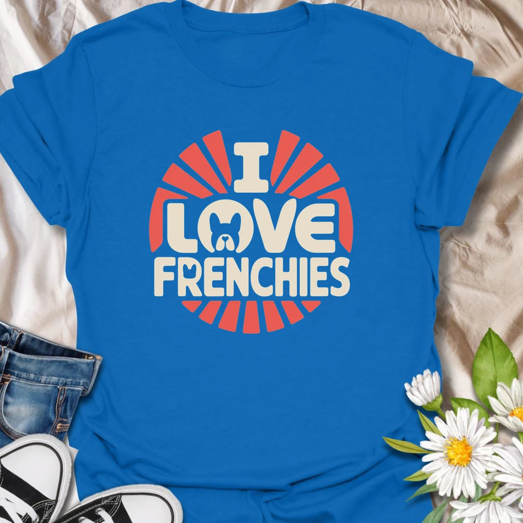 Show your love for French Bulldogs with this bright retro-inspired Frenchie T-shirt. The bold design celebrates the unforgettable ears, expressive faces, and lovable personalities of this popular breed. A fun gift for Frenchie moms, dads, and anyone who can never have enough bulldog affection.