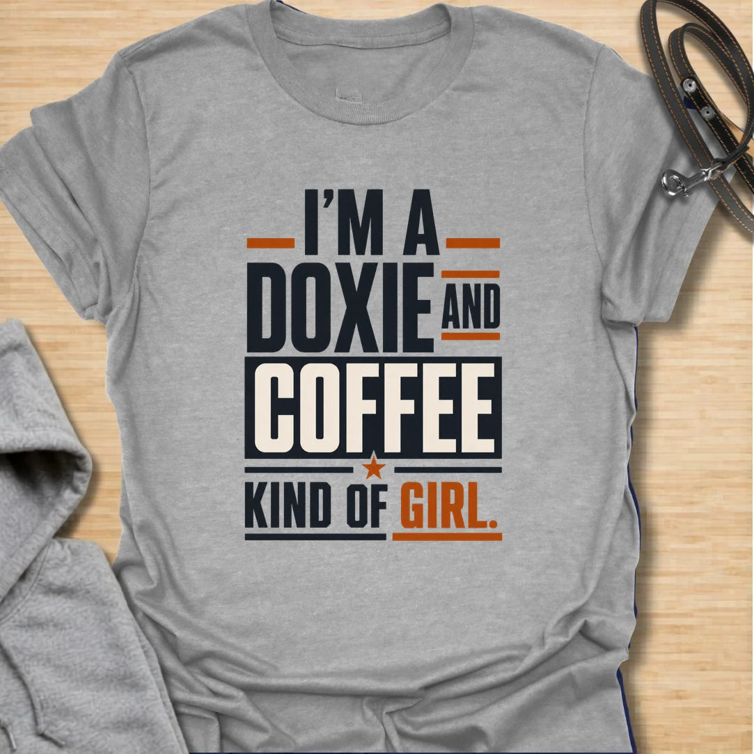 Funny doxie and coffee t-shirt for women who love dachshunds, caffeine, and simple dog mom style. This bold typography design is perfect for dachshund moms, coffee lovers, dog owners, and anyone whose day starts better with a cup of coffee and a doxie nearby. Also available in a matching guy version, making it a fun couple shirt set for dog-loving coffee drinkers. Great for casual wear, dog walks, coffee runs, weekends, or gifting to a dachshund lover.