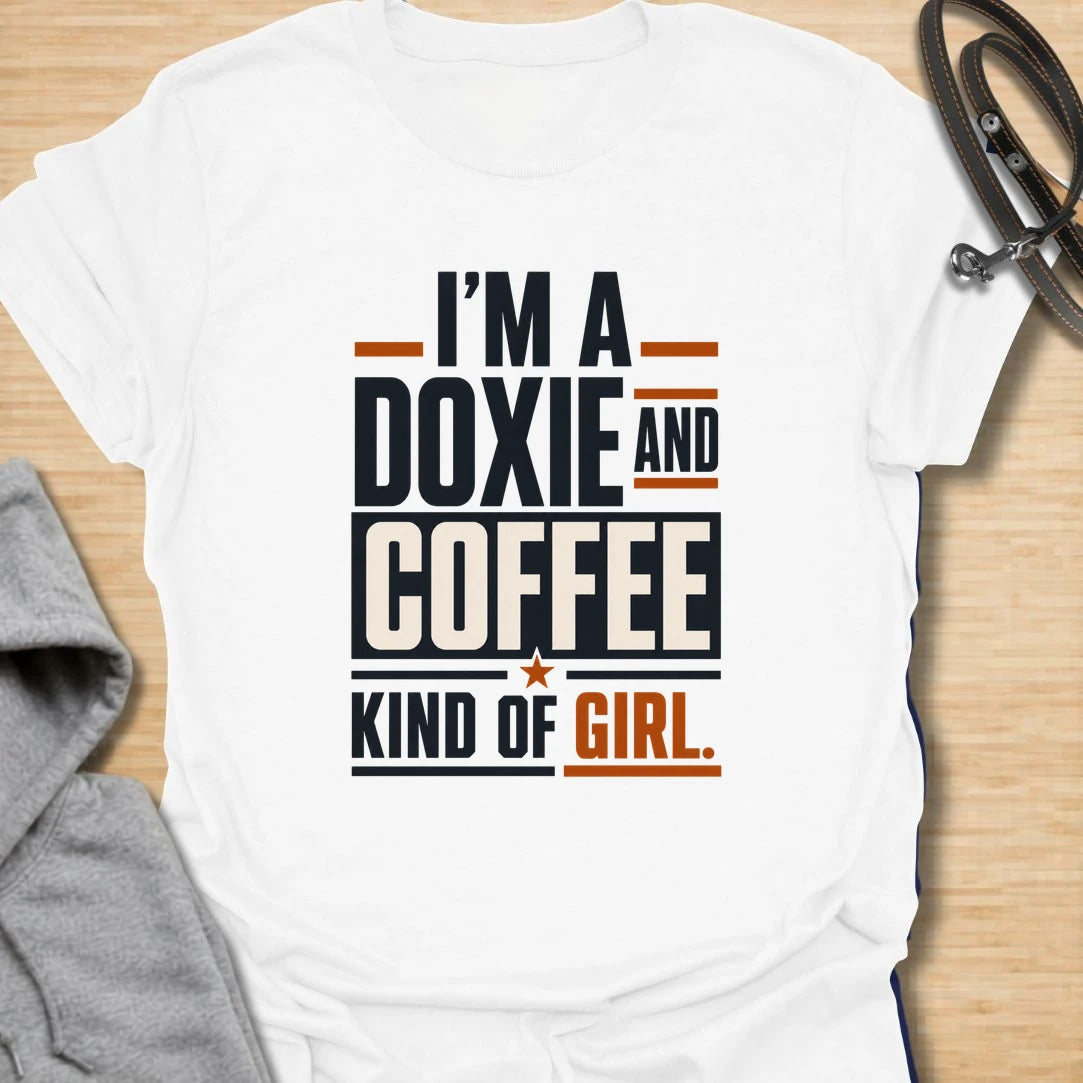 Funny doxie and coffee t-shirt for women who love dachshunds, caffeine, and simple dog mom style. This bold typography design is perfect for dachshund moms, coffee lovers, dog owners, and anyone whose day starts better with a cup of coffee and a doxie nearby. Also available in a matching guy version, making it a fun couple shirt set for dog-loving coffee drinkers. Great for casual wear, dog walks, coffee runs, weekends, or gifting to a dachshund lover.