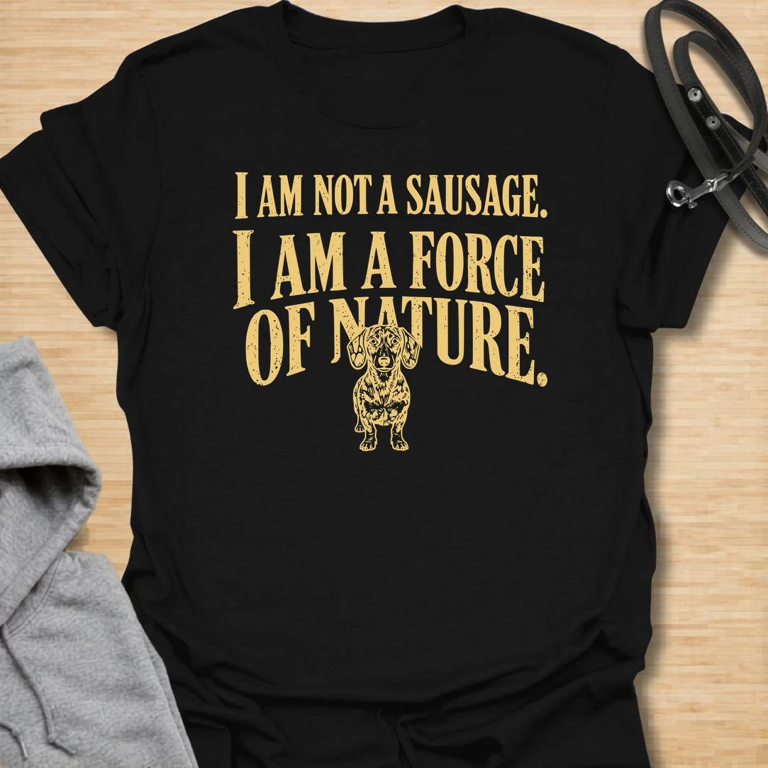 This I Am Not A Sausage I Am A Force Of Nature t-shirt is made for dachshund lovers who know their little long dog is far more powerful than their tiny legs suggest. Featuring bold vintage-style typography and a small fierce dachshund illustration, this design has a funny breed-specific attitude that doxie owners will instantly understand. Perfect for dachshund moms, dachshund dads, wiener dog fans, rescue dog lovers, and anyone whose sausage dog is an unstoppable force of nature.