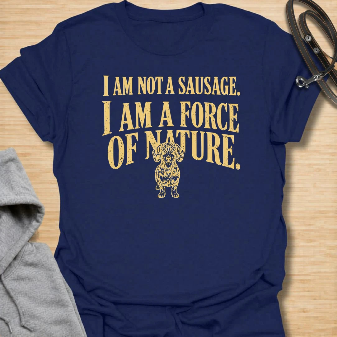 This I Am Not A Sausage I Am A Force Of Nature t-shirt is made for dachshund lovers who know their little long dog is far more powerful than their tiny legs suggest. Featuring bold vintage-style typography and a small fierce dachshund illustration, this design has a funny breed-specific attitude that doxie owners will instantly understand. Perfect for dachshund moms, dachshund dads, wiener dog fans, rescue dog lovers, and anyone whose sausage dog is an unstoppable force of nature.