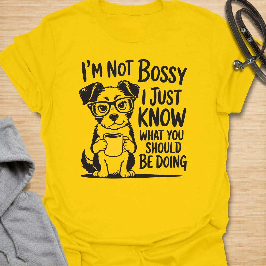 This not bossy dog t-shirt is perfect for anyone with a dog who clearly knows how life should be handled. The cute dog with glasses and coffee gives the design a fun, clever, slightly judgmental feel. It works well for dog moms, dog dads, and pet lovers who relate to being supervised by a tiny expert. A funny everyday shirt for coffee lovers, dog people, and anyone who knows their dog is not bossy — just correct.