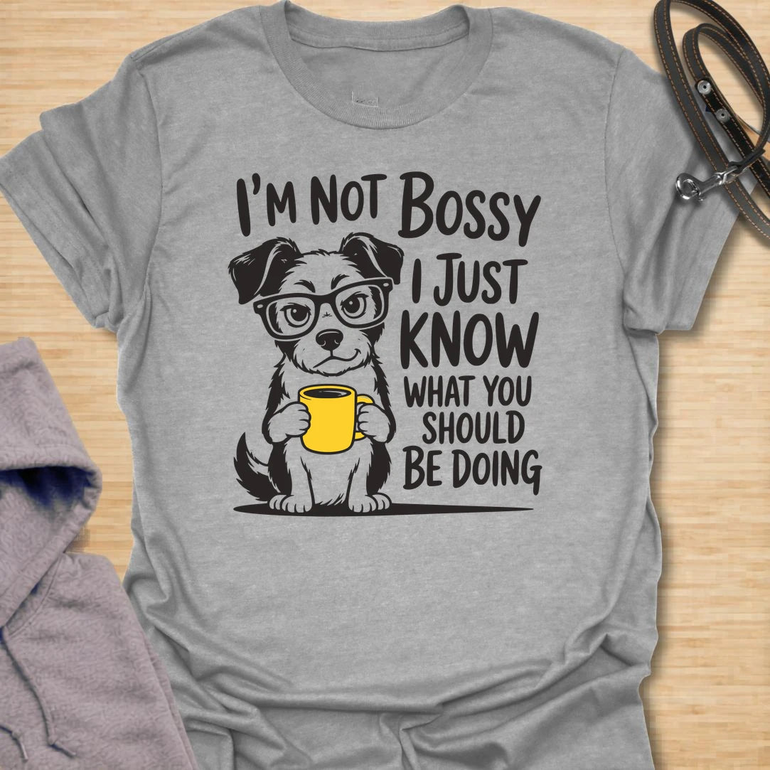This not bossy dog t-shirt is perfect for anyone with a dog who clearly knows how life should be handled. The cute dog with glasses and coffee gives the design a fun, clever, slightly judgmental feel. It works well for dog moms, dog dads, and pet lovers who relate to being supervised by a tiny expert. A funny everyday shirt for coffee lovers, dog people, and anyone who knows their dog is not bossy — just correct.