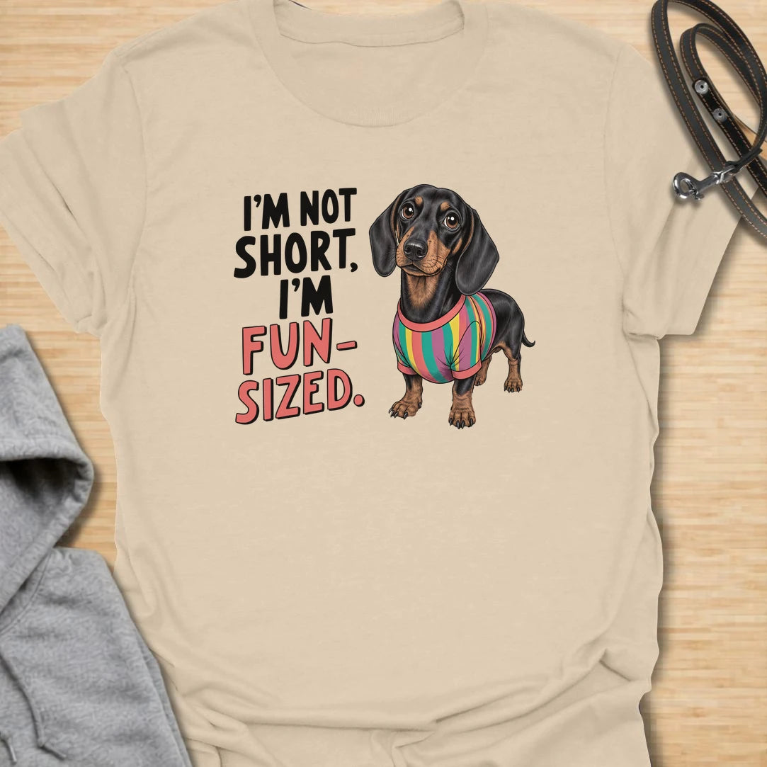 Fun Sized Doxie t-shirt for dachshund lovers who know short dogs can have the biggest personalities. This cute design features a dachshund in a colorful shirt with the phrase “I’m Not Short, I’m Fun Sized.” Perfect for sausage dog fans, doxie moms, and anyone who loves small dogs with oversized charm.