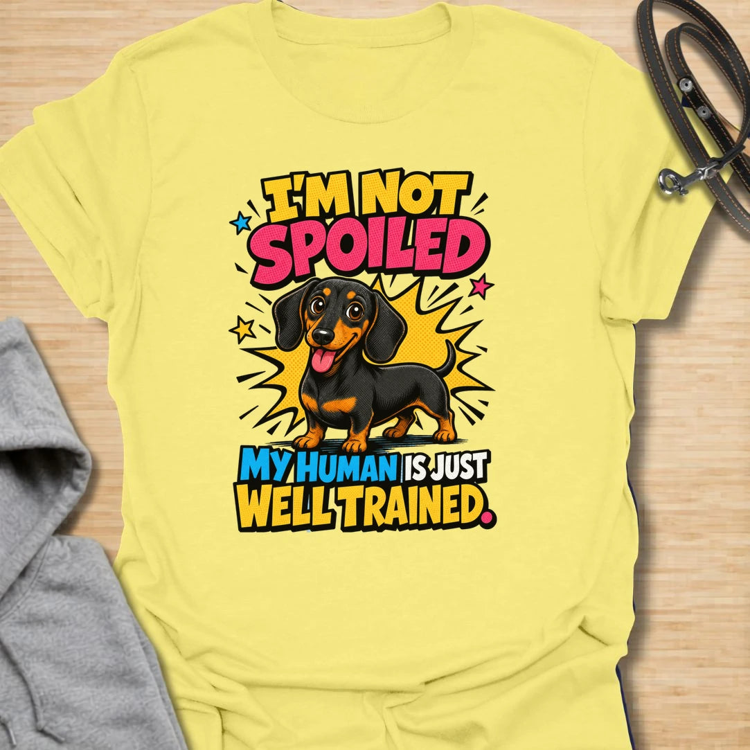 Not Spoiled Doxie t-shirt for dachshund owners who know their pup is not spoiled, the human is simply well trained. This bright comic-style design features a happy dachshund and the phrase “I’m Not Spoiled My Human Is Just Well Trained.” Perfect for doxie moms, sausage dog lovers, and anyone who treats their dog like royalty.