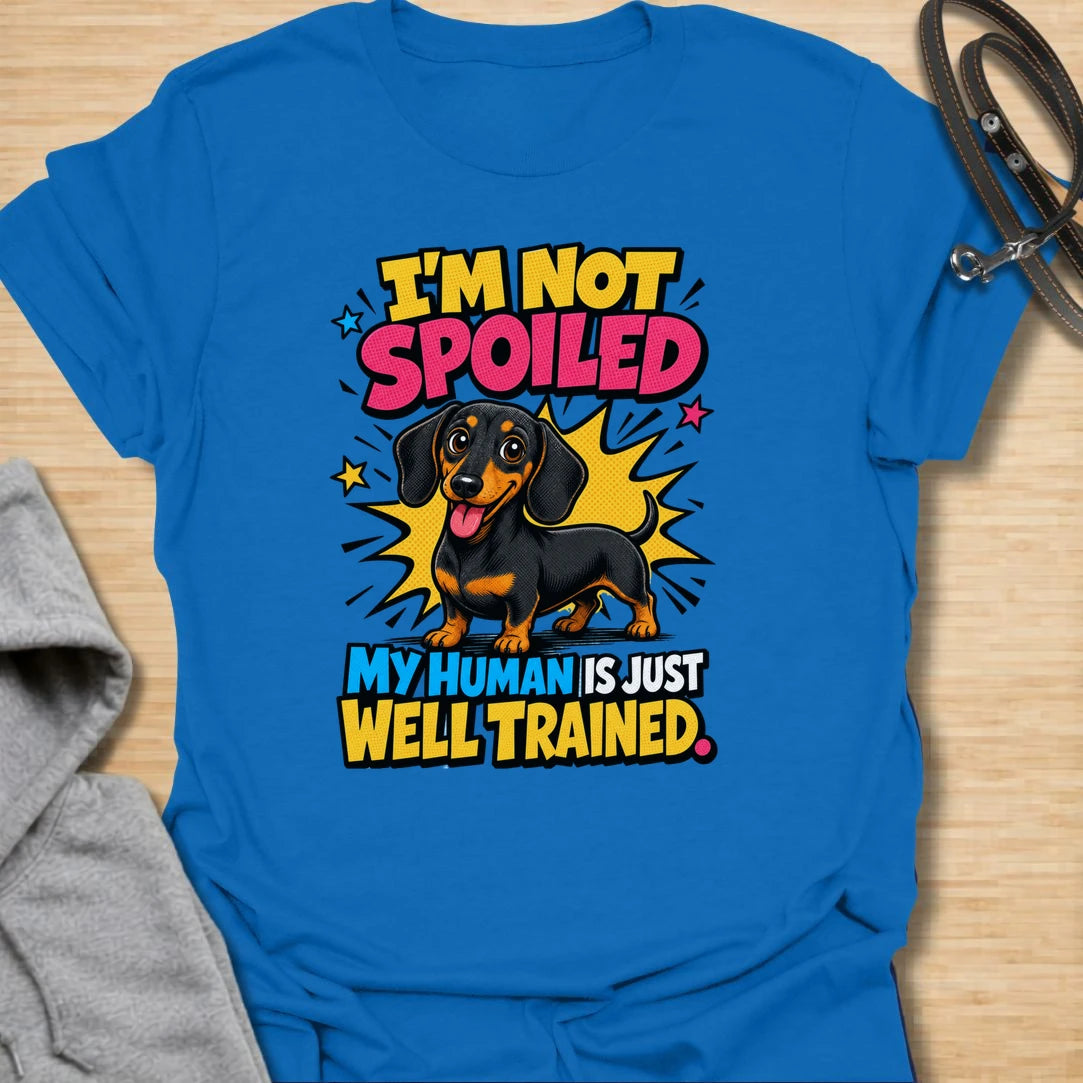 Not Spoiled Doxie t-shirt for dachshund owners who know their pup is not spoiled, the human is simply well trained. This bright comic-style design features a happy dachshund and the phrase “I’m Not Spoiled My Human Is Just Well Trained.” Perfect for doxie moms, sausage dog lovers, and anyone who treats their dog like royalty.