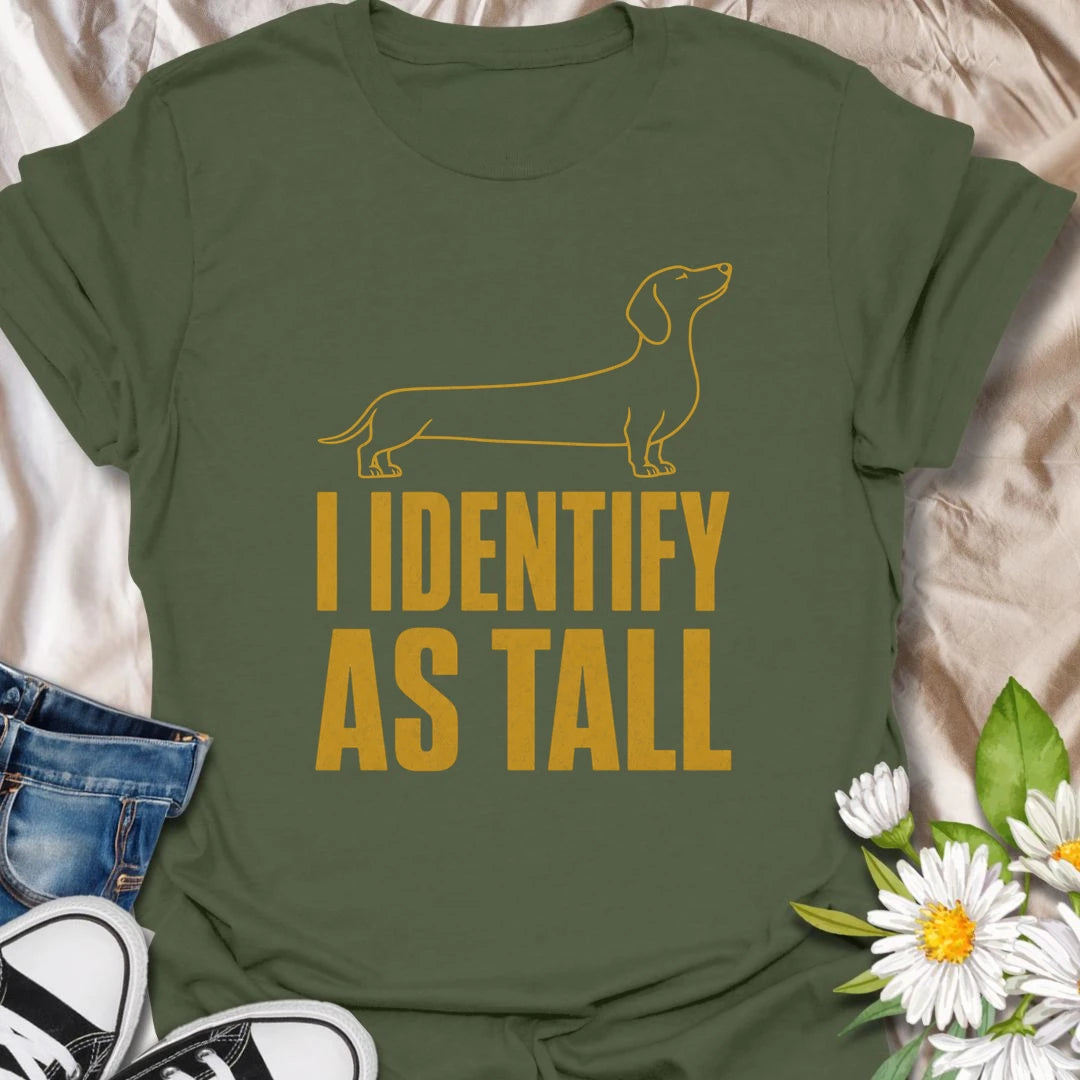 Short legs are merely a technical detail when your dachshund identifies as tall. This funny minimalist T-shirt celebrates the huge confidence packed into one long, low little dog. A clever gift for dachshund owners who love sausage dog attitude and breed-specific humor.
