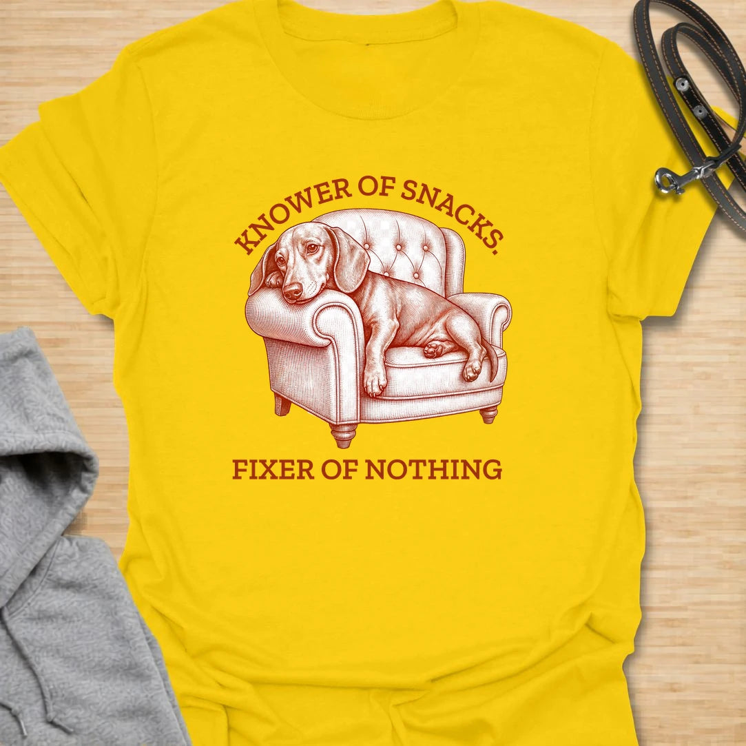 This knower of snacks t-shirt is a funny dachshund design for anyone whose dog is excellent at demanding food and fixing nothing. The vintage-style dachshund lounging in a chair gives the artwork a dramatic, slightly useless expert energy. It is perfect for dachshund moms, doxie dads, and dog lovers who know snack knowledge is a serious skill. A great gift for anyone with a dachshund who supervises everything but contributes very little.