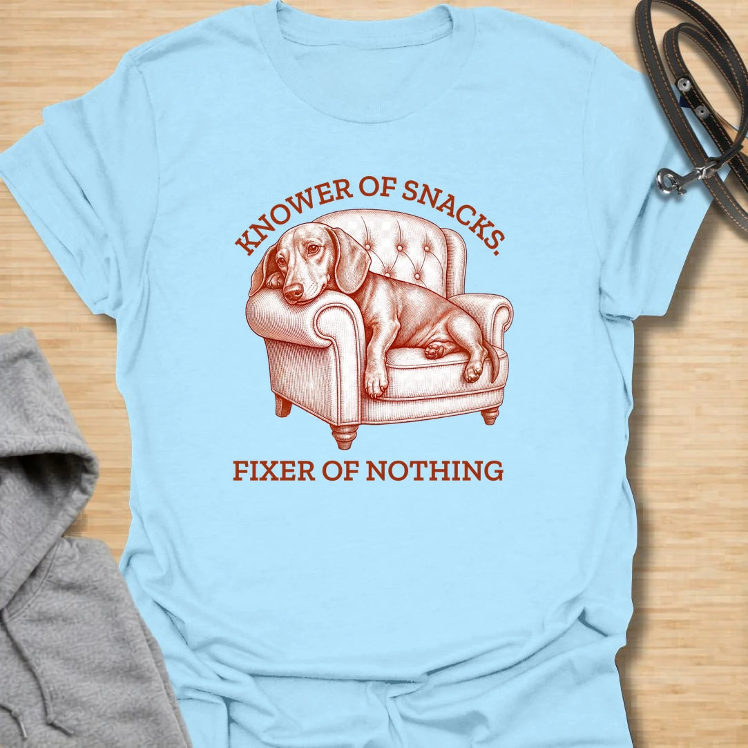 This knower of snacks t-shirt is a funny dachshund design for anyone whose dog is excellent at demanding food and fixing nothing. The vintage-style dachshund lounging in a chair gives the artwork a dramatic, slightly useless expert energy. It is perfect for dachshund moms, doxie dads, and dog lovers who know snack knowledge is a serious skill. A great gift for anyone with a dachshund who supervises everything but contributes very little.