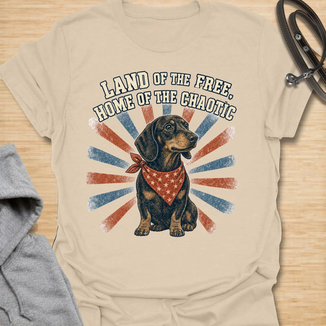 This Land Of The Free Home Of The Chaotic t-shirt is made for dachshund lovers who know their little long dog brings big energy everywhere they go. Featuring a black and tan doxie with a red bandana, vintage patriotic-style rays, and bold distressed text, this funny dog design is great for dachshund moms, dachshund dads, wiener dog fans, rescue dog lovers, and anyone whose home is proudly ruled by dachshund chaos.
