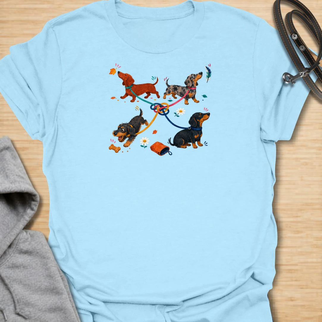 Celebrate the lovable chaos of walking multiple dachshunds with this playful graphic T-shirt. Featuring four sausage dogs, tangled leashes, scattered treats, and plenty of personality, it is perfect for dachshund owners and dog lovers. A fun everyday tee and a thoughtful gift for anyone whose dog walks never go quite to plan.