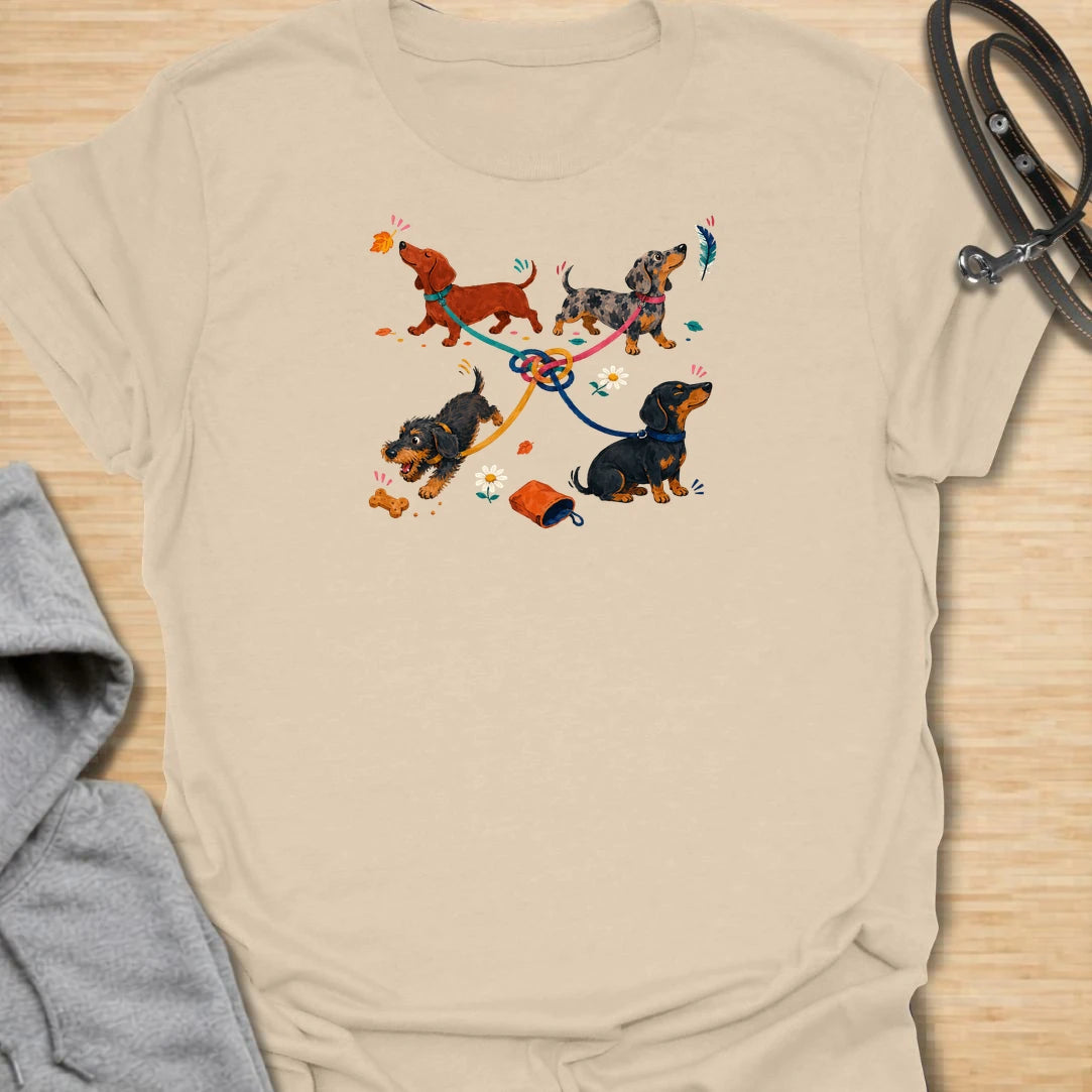Celebrate the lovable chaos of walking multiple dachshunds with this playful graphic T-shirt. Featuring four sausage dogs, tangled leashes, scattered treats, and plenty of personality, it is perfect for dachshund owners and dog lovers. A fun everyday tee and a thoughtful gift for anyone whose dog walks never go quite to plan.