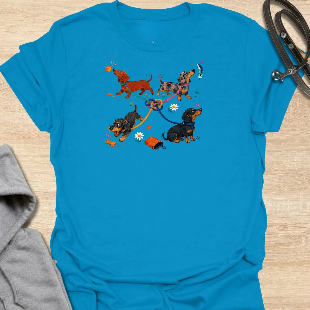 Celebrate the lovable chaos of walking multiple dachshunds with this playful graphic T-shirt. Featuring four sausage dogs, tangled leashes, scattered treats, and plenty of personality, it is perfect for dachshund owners and dog lovers. A fun everyday tee and a thoughtful gift for anyone whose dog walks never go quite to plan.
