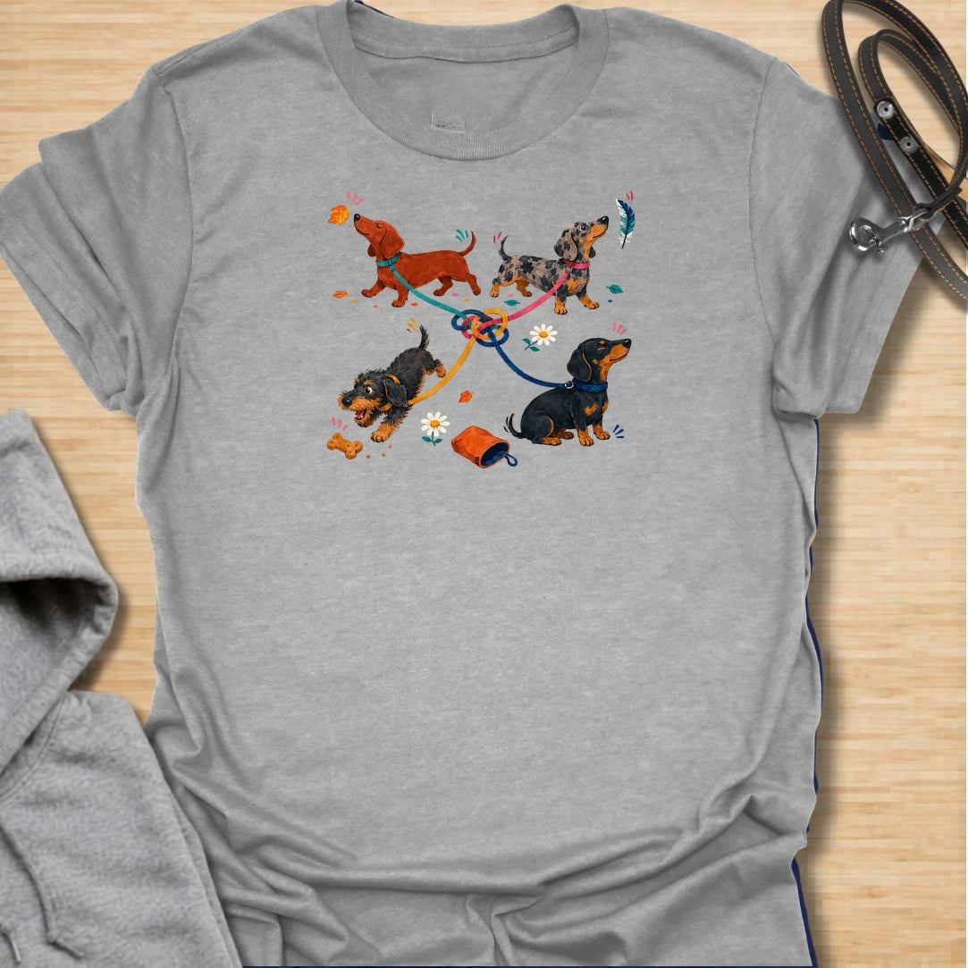 Celebrate the lovable chaos of walking multiple dachshunds with this playful graphic T-shirt. Featuring four sausage dogs, tangled leashes, scattered treats, and plenty of personality, it is perfect for dachshund owners and dog lovers. A fun everyday tee and a thoughtful gift for anyone whose dog walks never go quite to plan.
