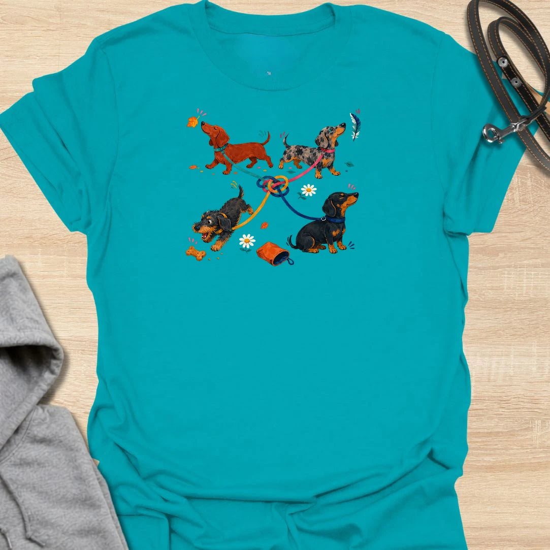 Celebrate the lovable chaos of walking multiple dachshunds with this playful graphic T-shirt. Featuring four sausage dogs, tangled leashes, scattered treats, and plenty of personality, it is perfect for dachshund owners and dog lovers. A fun everyday tee and a thoughtful gift for anyone whose dog walks never go quite to plan.