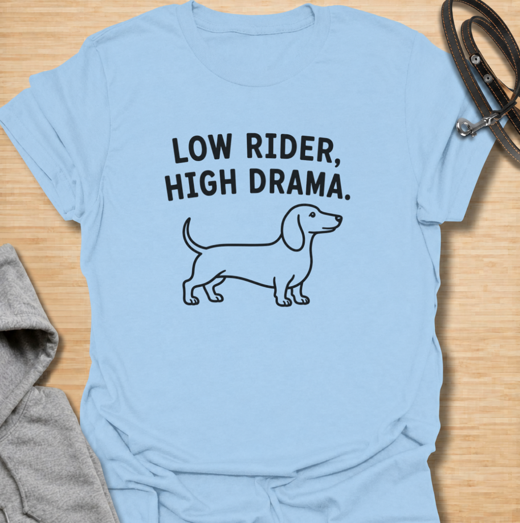 Low to the ground and never short on drama. This funny dachshund T-shirt features a clean minimalist sausage dog illustration with the phrase “Low Rider, High Drama.” A simple, wearable gift for dachshund owners, doxie lovers, dog moms, and anyone familiar with the breed’s larger-than-life personality.