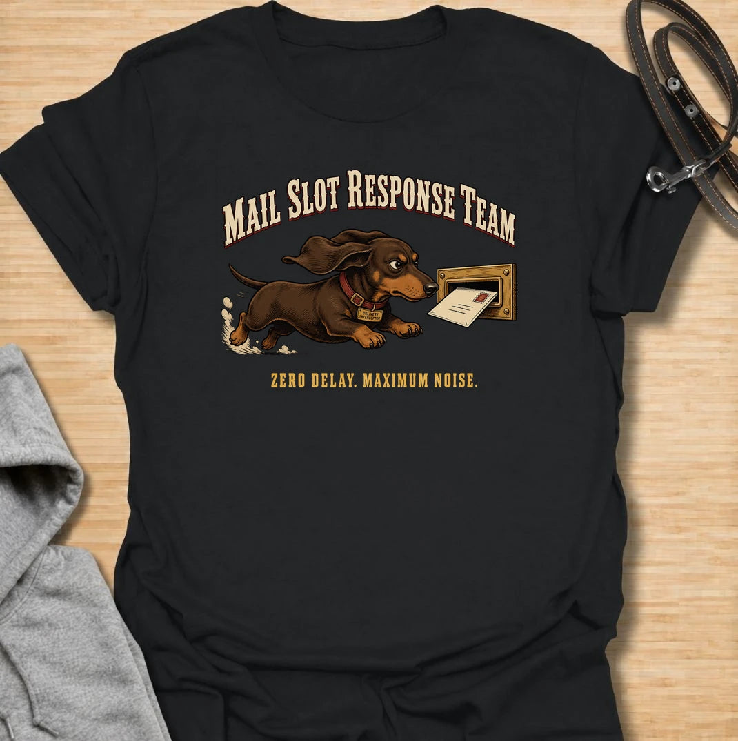 Zero delay and maximum noise. A funny dachshund T-shirt for sausage dogs who respond to every letter like a household emergency.