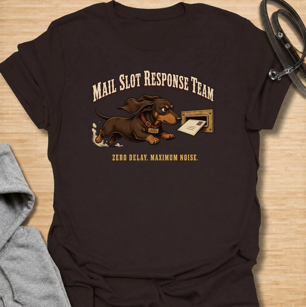 Zero delay and maximum noise. A funny dachshund T-shirt for sausage dogs who respond to every letter like a household emergency.