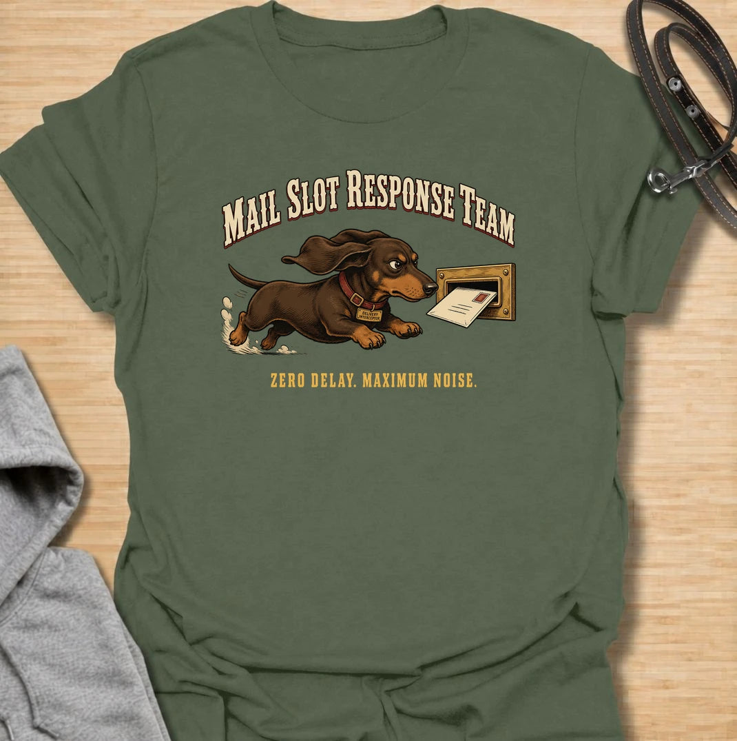 Zero delay and maximum noise. A funny dachshund T-shirt for sausage dogs who respond to every letter like a household emergency.