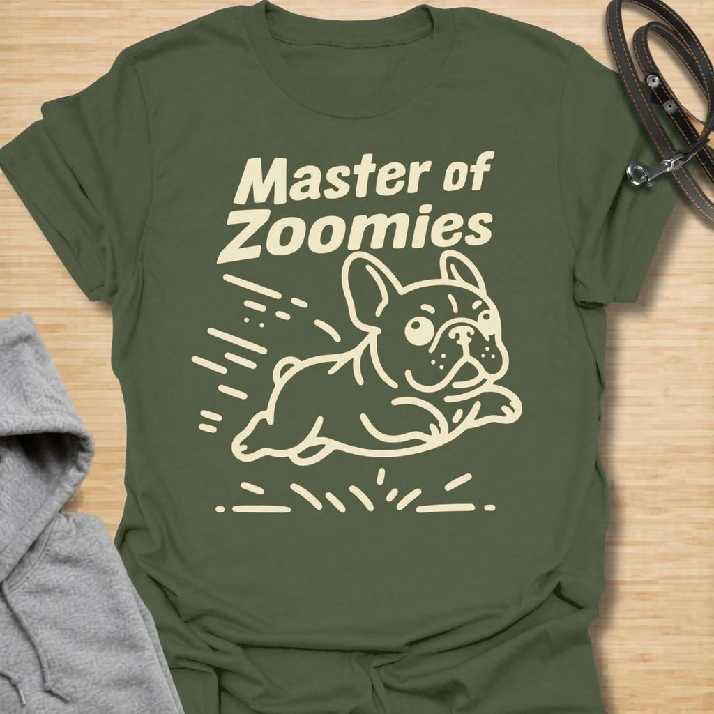 This Master Of Zoomies t-shirt is made for French Bulldog lovers who know their little dog can go from sleepy potato to full-speed chaos in seconds. Featuring a simple line-art Frenchie racing across the design with playful motion marks and bold text, this tee has a funny, energetic breed-specific feel. Perfect for Frenchie moms, Frenchie dads, French Bulldog owners, rescue dog lovers, and anyone whose small dog has sudden bursts of unstoppable zoomie energy.