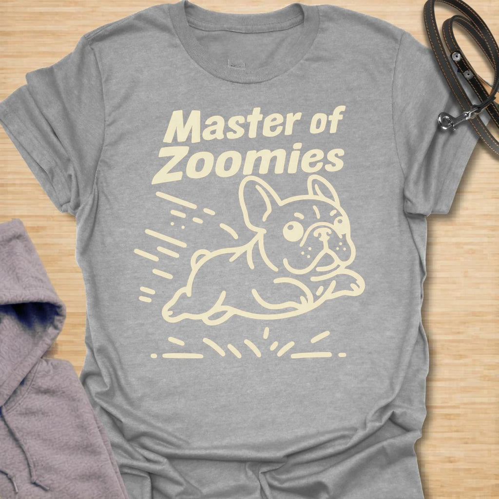 This Master Of Zoomies t-shirt is made for French Bulldog lovers who know their little dog can go from sleepy potato to full-speed chaos in seconds. Featuring a simple line-art Frenchie racing across the design with playful motion marks and bold text, this tee has a funny, energetic breed-specific feel. Perfect for Frenchie moms, Frenchie dads, French Bulldog owners, rescue dog lovers, and anyone whose small dog has sudden bursts of unstoppable zoomie energy.
