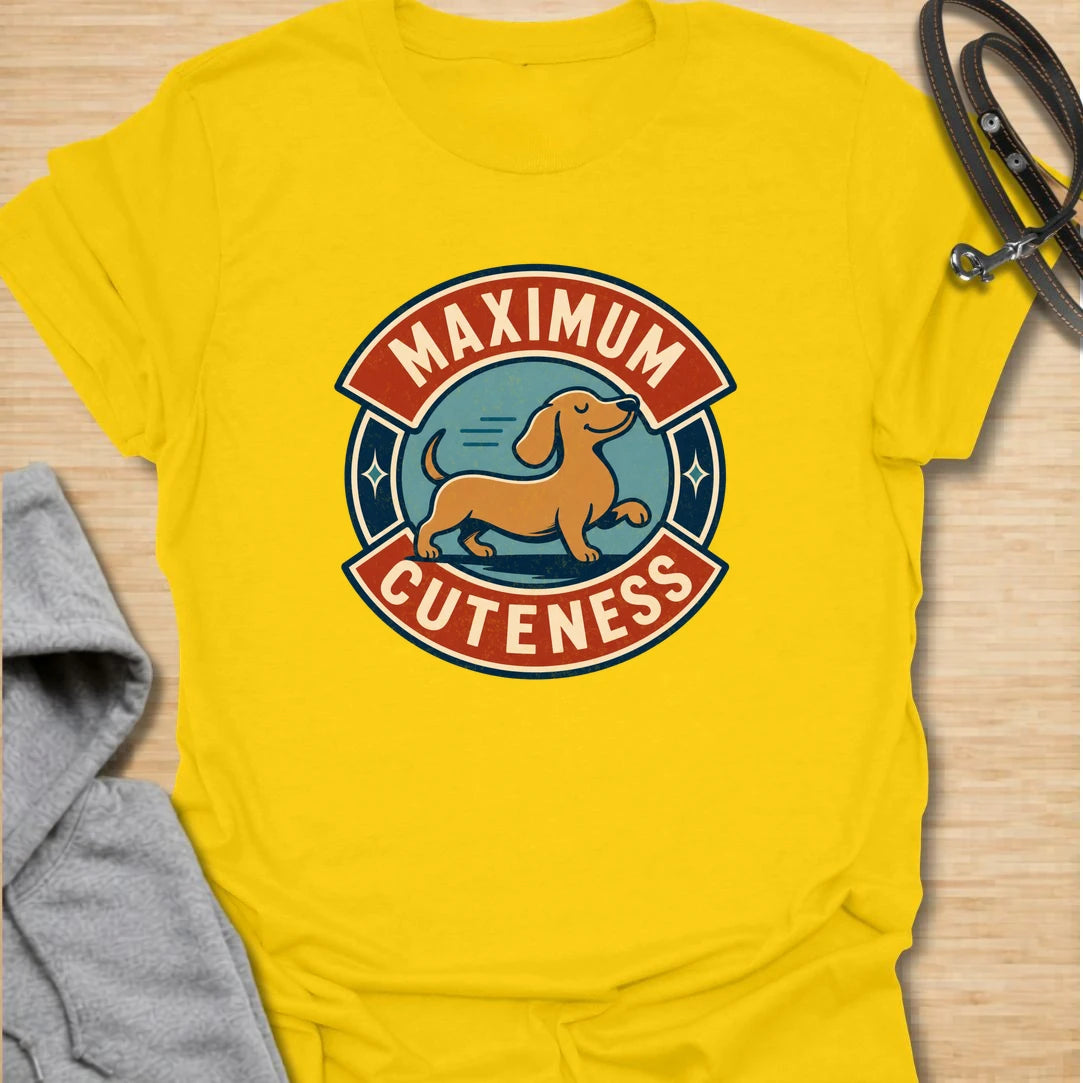 Maximum Cuteness Dachshund t-shirt for anyone who thinks doxies are dangerously adorable. This cute retro badge design features a sweet dachshund with bold lettering and a playful vintage feel. It is perfect for dachshund moms, doxie dads, and sausage dog fans who prefer cute over chaotic. A great gift for anyone who loves wiener dogs with tiny legs and big eyes.