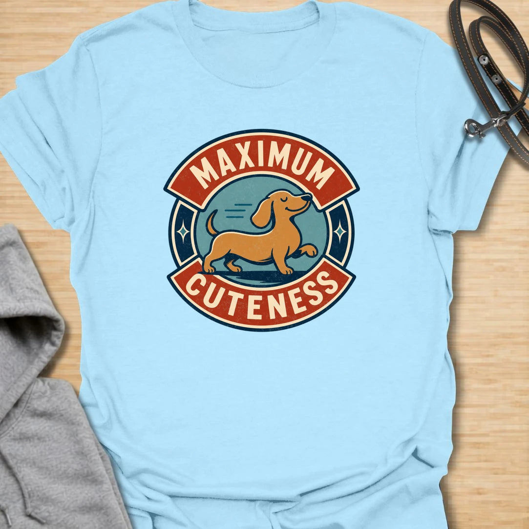 Maximum Cuteness Dachshund t-shirt for anyone who thinks doxies are dangerously adorable. This cute retro badge design features a sweet dachshund with bold lettering and a playful vintage feel. It is perfect for dachshund moms, doxie dads, and sausage dog fans who prefer cute over chaotic. A great gift for anyone who loves wiener dogs with tiny legs and big eyes.
