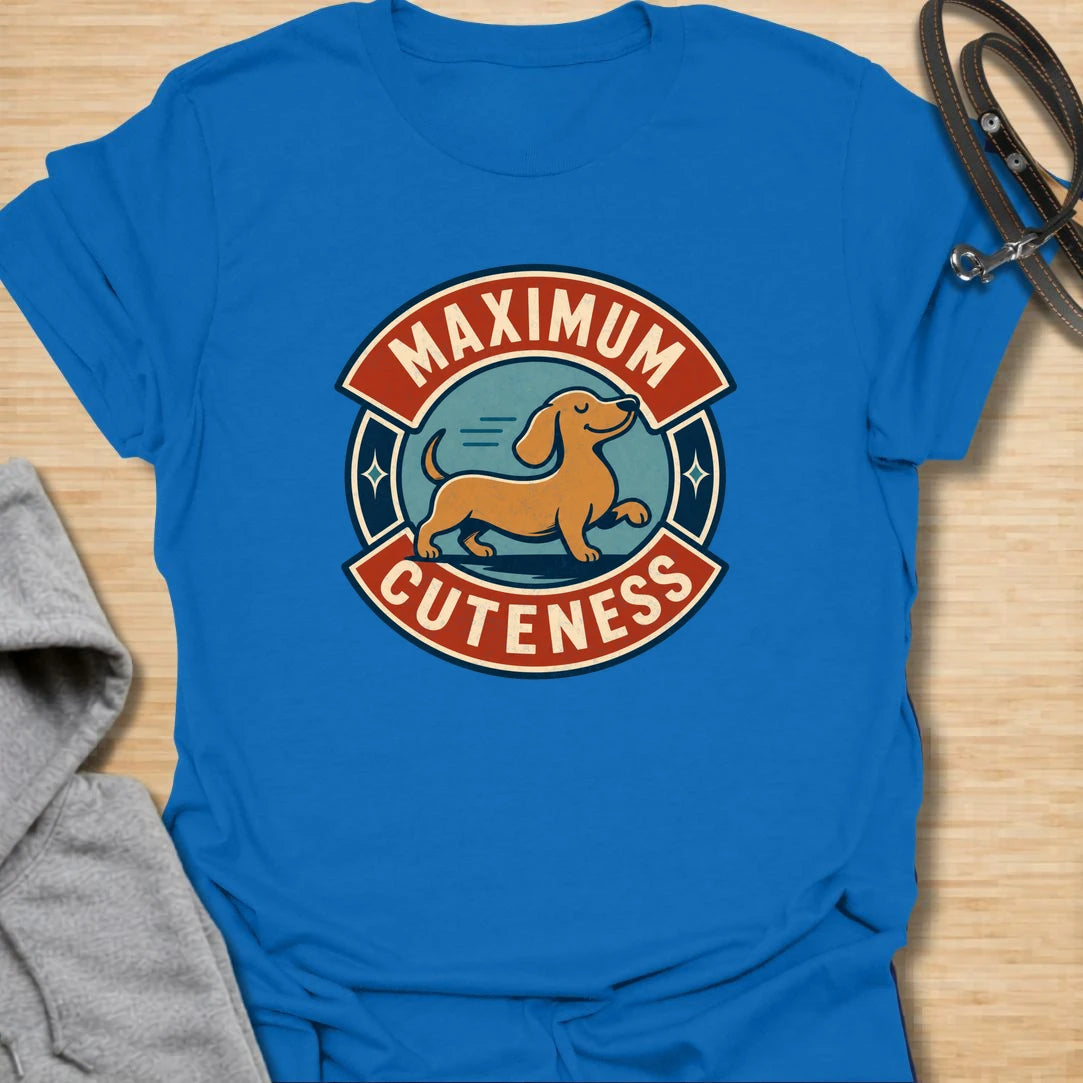 Maximum Cuteness Dachshund t-shirt for anyone who thinks doxies are dangerously adorable. This cute retro badge design features a sweet dachshund with bold lettering and a playful vintage feel. It is perfect for dachshund moms, doxie dads, and sausage dog fans who prefer cute over chaotic. A great gift for anyone who loves wiener dogs with tiny legs and big eyes.