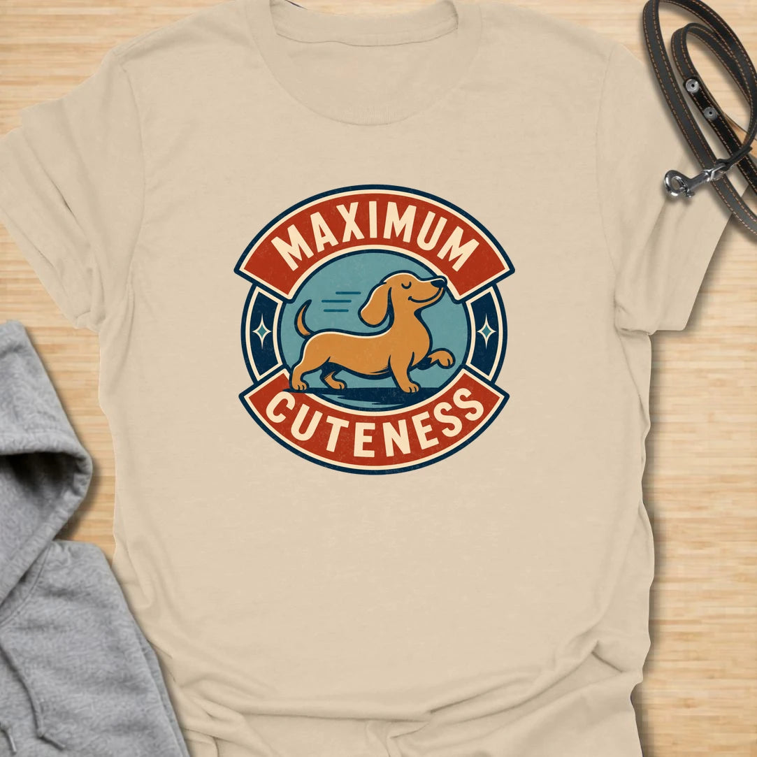 Maximum Cuteness Dachshund t-shirt for anyone who thinks doxies are dangerously adorable. This cute retro badge design features a sweet dachshund with bold lettering and a playful vintage feel. It is perfect for dachshund moms, doxie dads, and sausage dog fans who prefer cute over chaotic. A great gift for anyone who loves wiener dogs with tiny legs and big eyes.
