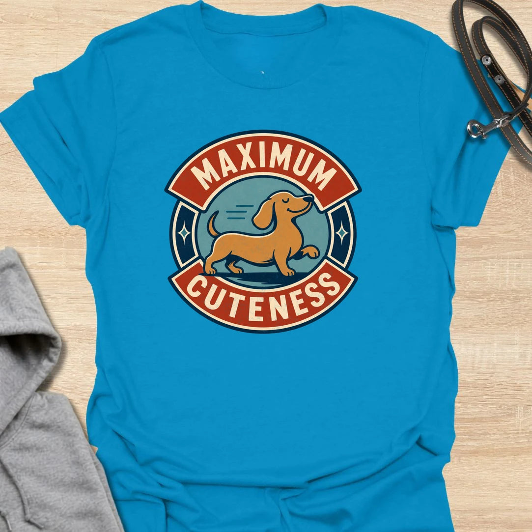 Maximum Cuteness Dachshund t-shirt for anyone who thinks doxies are dangerously adorable. This cute retro badge design features a sweet dachshund with bold lettering and a playful vintage feel. It is perfect for dachshund moms, doxie dads, and sausage dog fans who prefer cute over chaotic. A great gift for anyone who loves wiener dogs with tiny legs and big eyes.