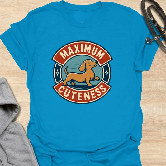 Maximum Cuteness Dachshund t-shirt for anyone who thinks doxies are dangerously adorable. This cute retro badge design features a sweet dachshund with bold lettering and a playful vintage feel. It is perfect for dachshund moms, doxie dads, and sausage dog fans who prefer cute over chaotic. A great gift for anyone who loves wiener dogs with tiny legs and big eyes.