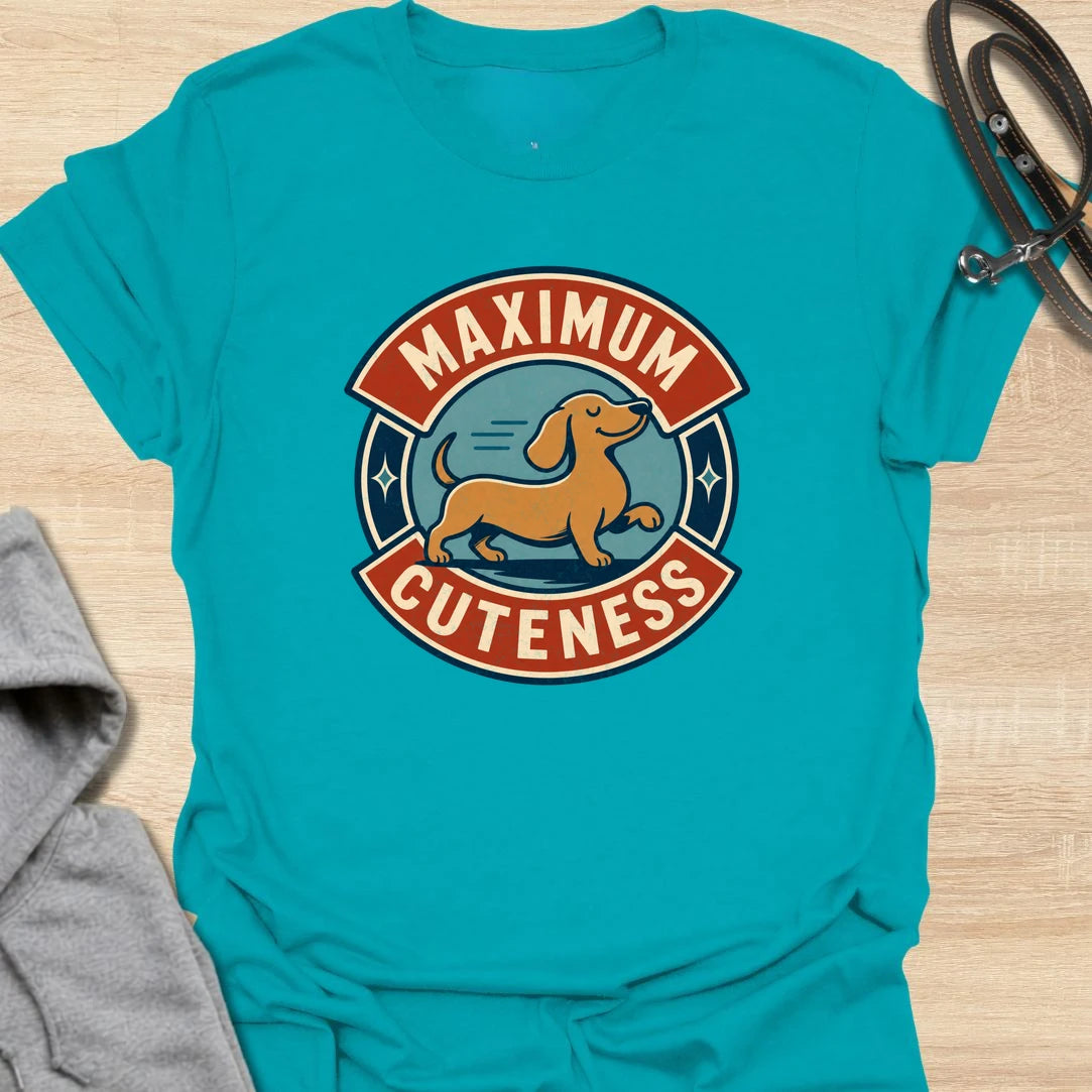 Maximum Cuteness Dachshund t-shirt for anyone who thinks doxies are dangerously adorable. This cute retro badge design features a sweet dachshund with bold lettering and a playful vintage feel. It is perfect for dachshund moms, doxie dads, and sausage dog fans who prefer cute over chaotic. A great gift for anyone who loves wiener dogs with tiny legs and big eyes.