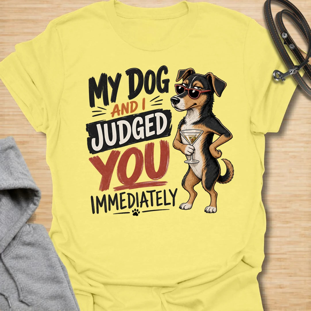 This My Dog And I Judged You Immediately t-shirt is made for dog lovers with a sarcastic sense of humor and a pup who notices everything. Featuring a sassy dachshund in sunglasses holding a cocktail, with bold retro lettering and attitude-packed styling, this design has a funny, confident dog-parent vibe. Perfect for dachshund moms, dachshund dads, dog lovers, rescue dog owners, pet parents, and anyone whose dog is just as judgmental as they are. Cornsilk