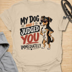 This My Dog And I Judged You Immediately t-shirt is made for dog lovers with a sarcastic sense of humor and a pup who notices everything. Featuring a sassy dachshund in sunglasses holding a cocktail, with bold retro lettering and attitude-packed styling, this design has a funny, confident dog-parent vibe. Perfect for dachshund moms, dachshund dads, dog lovers, rescue dog owners, pet parents, and anyone whose dog is just as judgmental as they are. Sand