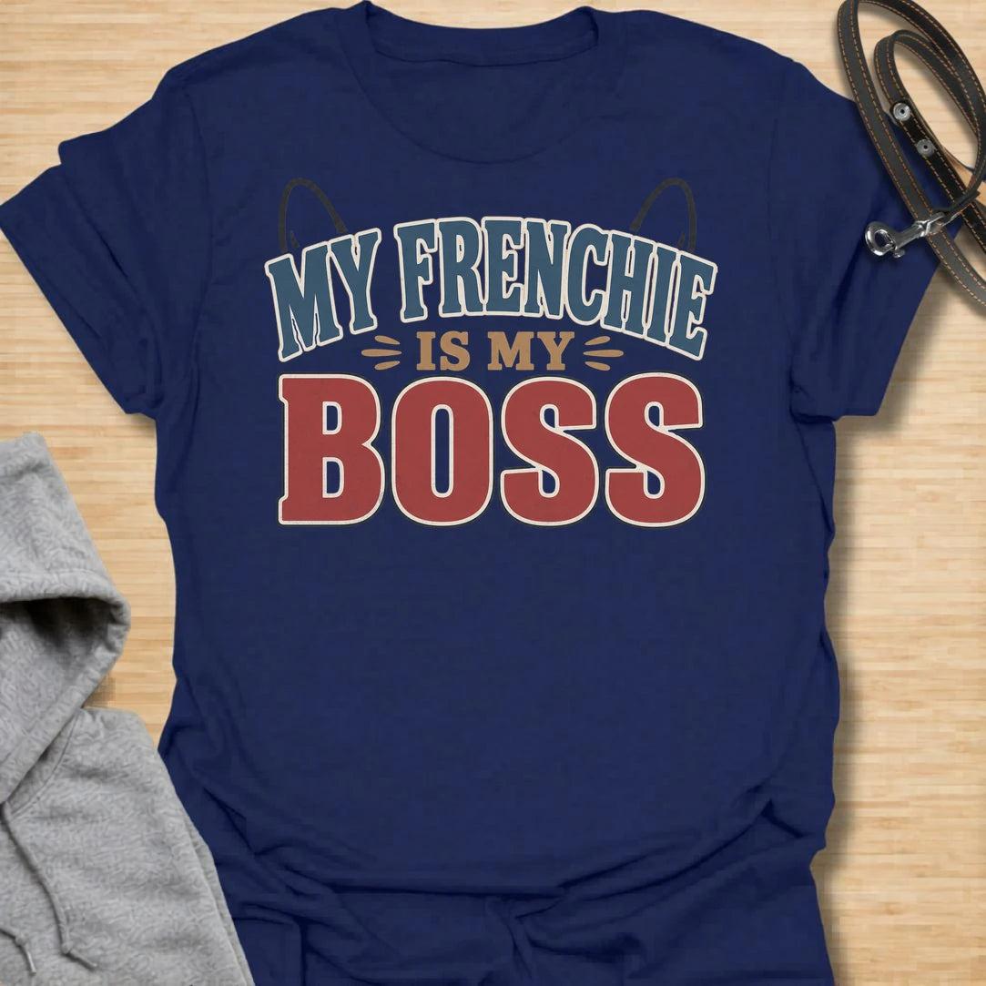 This My Frenchie Is My Boss t-shirt is made for French Bulldog lovers who know exactly who runs the house. Featuring bold varsity-style lettering, playful Frenchie ear details, and a funny dog-parent message, this simple design has a confident breed-specific feel that Frenchie owners will instantly understand. Perfect for Frenchie moms, Frenchie dads, French Bulldog owners, rescue dog lovers, and anyone whose small dog has very big authority.