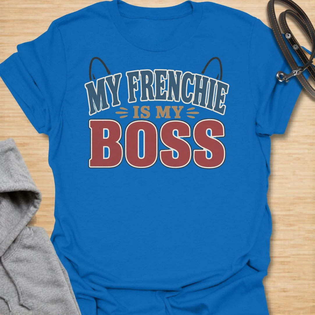This My Frenchie Is My Boss t-shirt is made for French Bulldog lovers who know exactly who runs the house. Featuring bold varsity-style lettering, playful Frenchie ear details, and a funny dog-parent message, this simple design has a confident breed-specific feel that Frenchie owners will instantly understand. Perfect for Frenchie moms, Frenchie dads, French Bulldog owners, rescue dog lovers, and anyone whose small dog has very big authority.