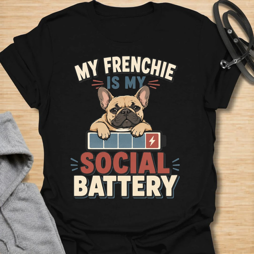 This My Frenchie Is My Social Battery t-shirt is made for French Bulldog lovers who know their little dog is the only social support they need. Featuring a tired Frenchie resting on a battery graphic with bold retro lettering, this design has a funny, relatable feel for introverted dog parents and Frenchie fans. Perfect for Frenchie moms, Frenchie dads, French Bulldog owners, rescue dog lovers, and anyone whose social battery is powered by their dog.