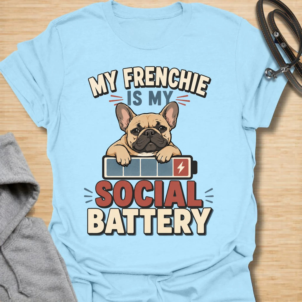 This My Frenchie Is My Social Battery t-shirt is made for French Bulldog lovers who know their little dog is the only social support they need. Featuring a tired Frenchie resting on a battery graphic with bold retro lettering, this design has a funny, relatable feel for introverted dog parents and Frenchie fans. Perfect for Frenchie moms, Frenchie dads, French Bulldog owners, rescue dog lovers, and anyone whose social battery is powered by their dog.